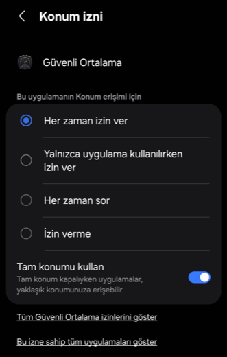 Konum izni ayarı — Her zaman izin ver seçili