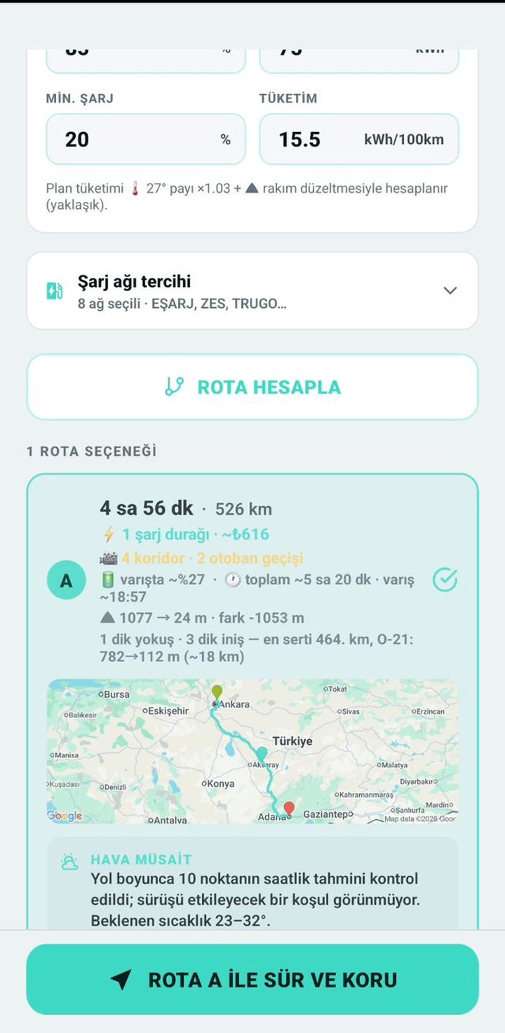 Rota sonucu — hava, denetimler ve şarj planı