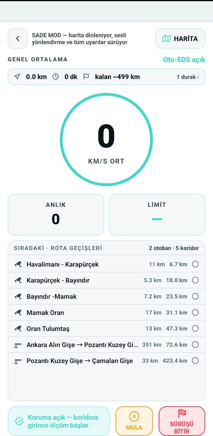 Sürüş ekranı — ortalama hız kadranı ve sıradaki geçişler