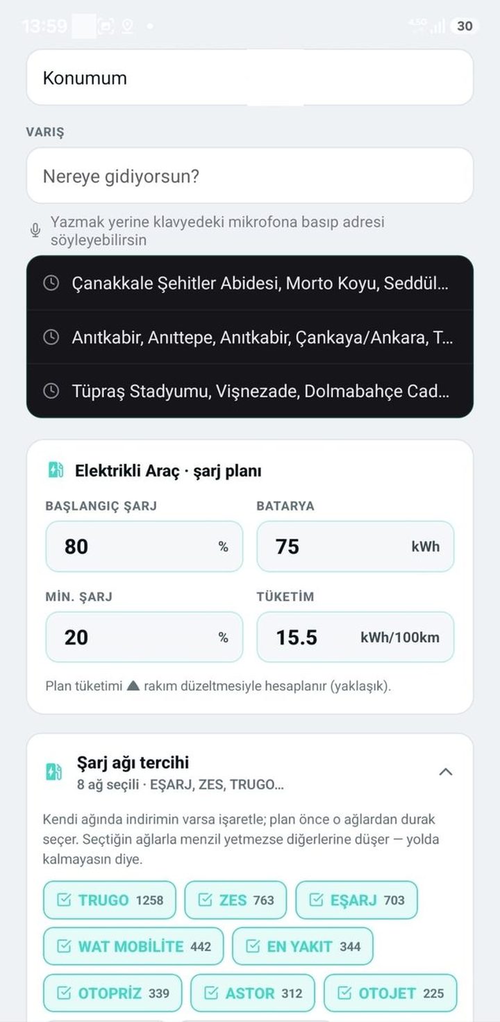 Yolculuk Planla — hedef ve şarj planı