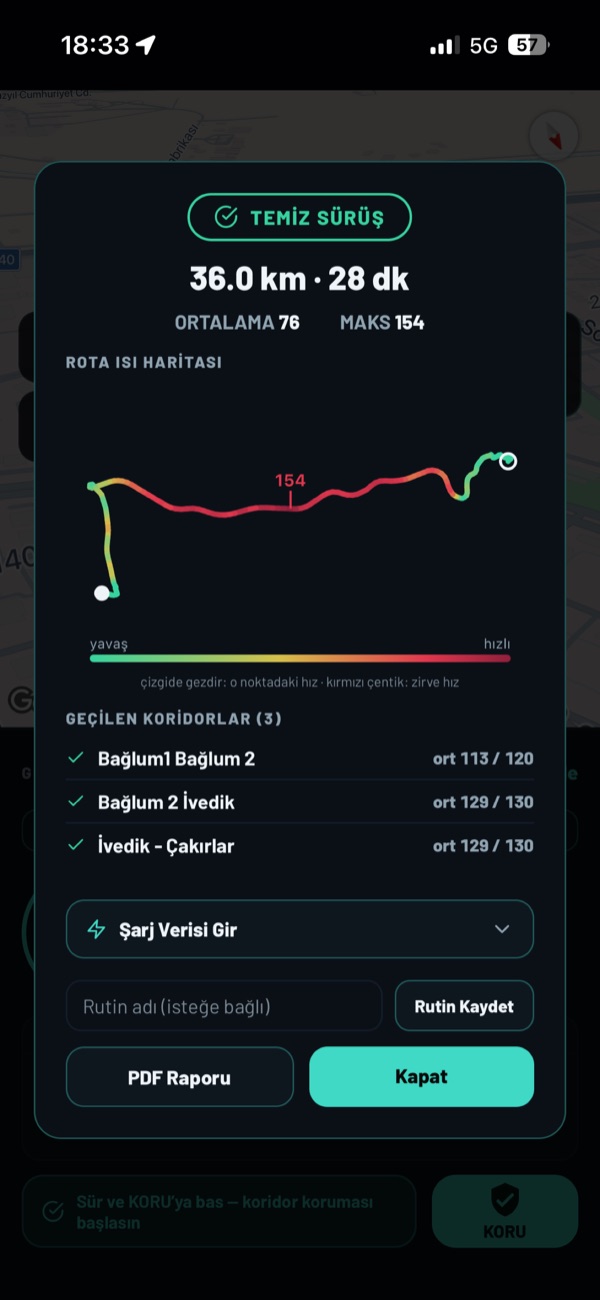 Sürüş sonu özeti — rota ısı haritası