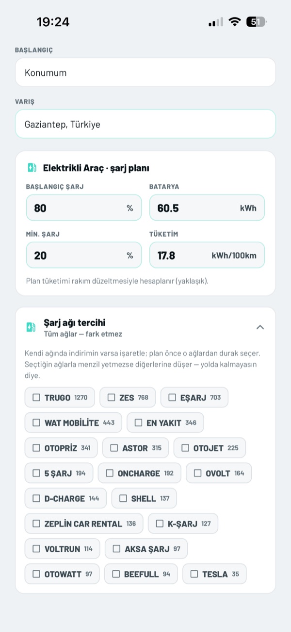 Rota planı — EPDK şarj ağı
