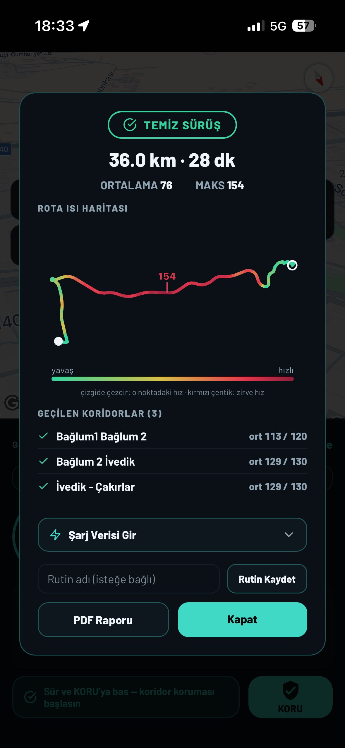 Rota ısı haritası ve geçilen koridorların ortalamalarını gösteren sürüş özeti