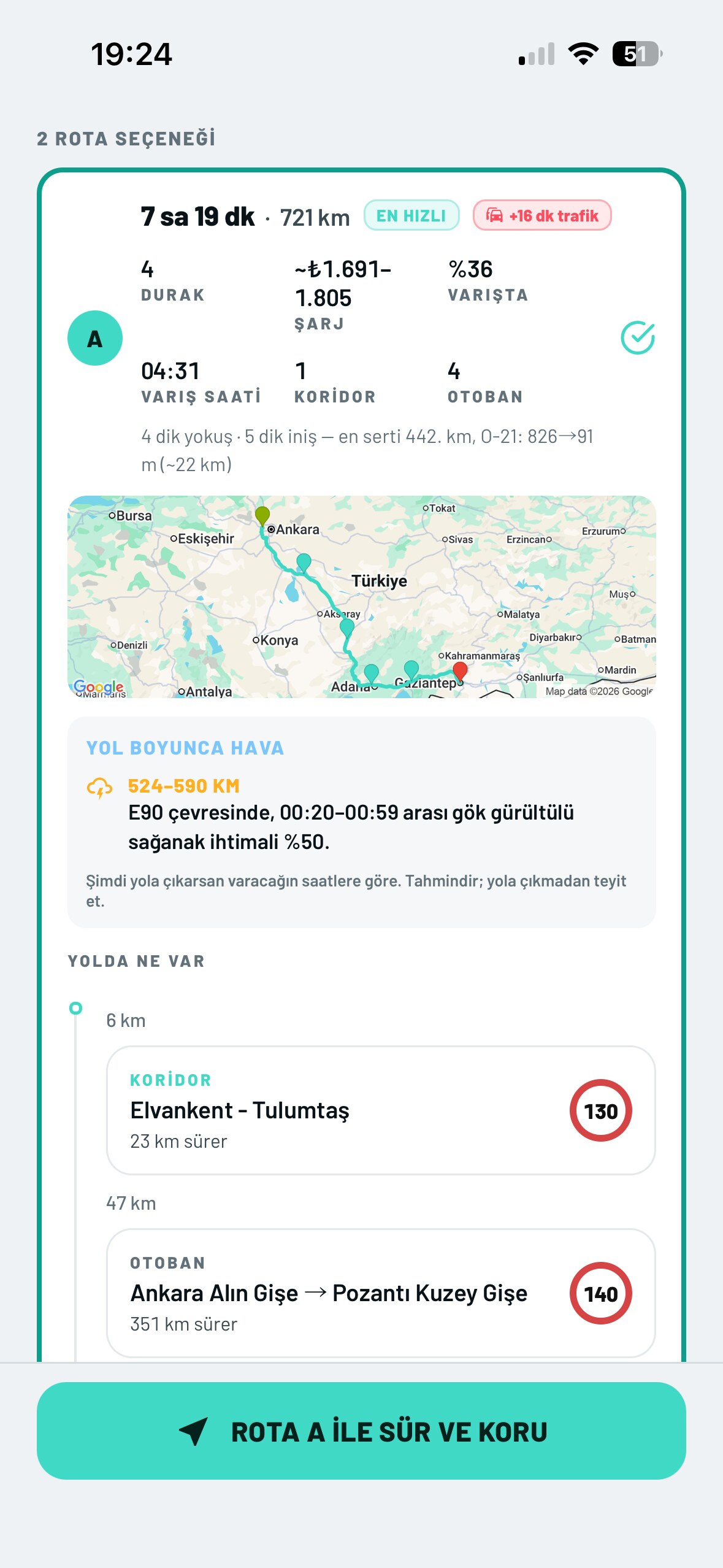 Rota seçimi, hava bilgisi, şarj durakları ve yol üzerindeki koridorları gösteren uygulama ekranı